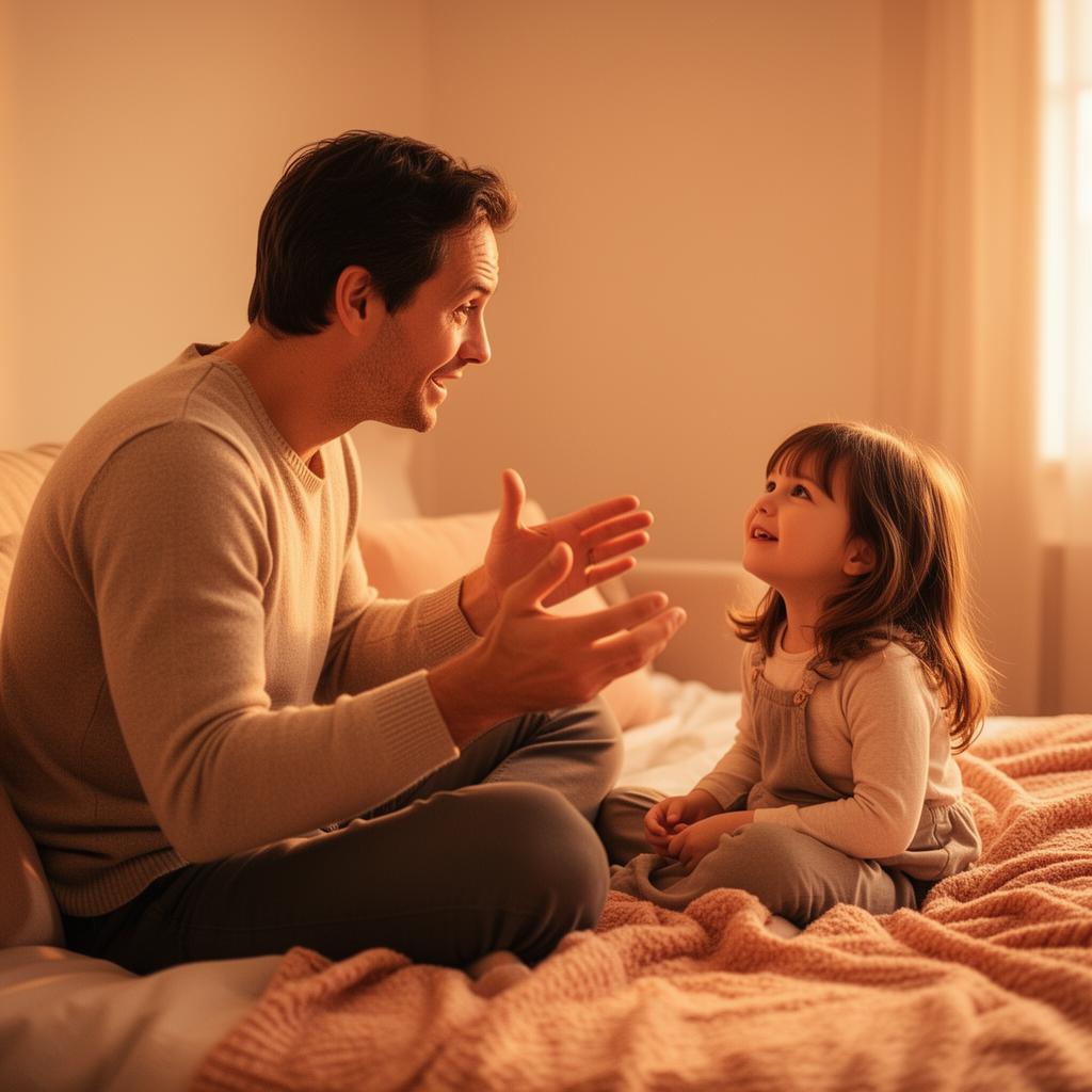 A father telling a story to his young daughter at bedtime
