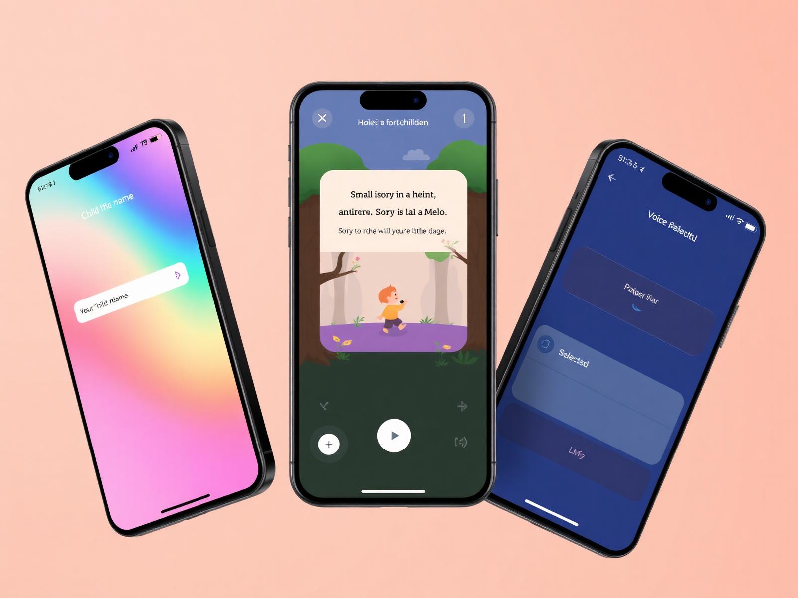 Three app screens showing setup, a story page and voice selection