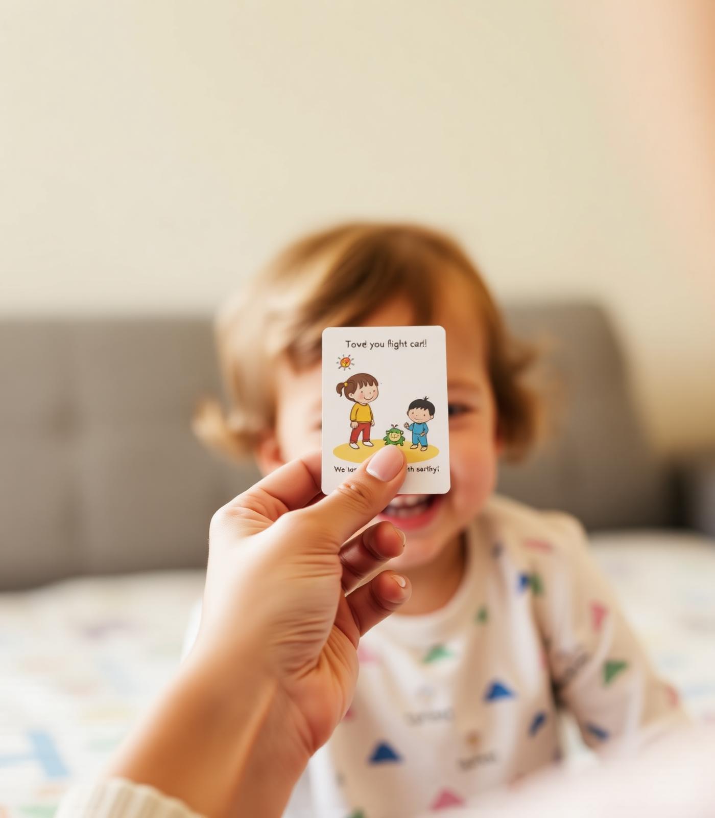 Parent showing a flashcard to a smiling toddler