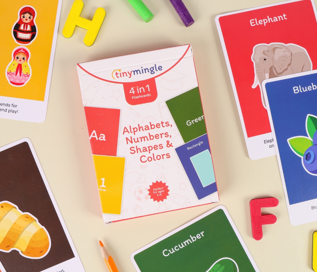 Tinymingle 4-in-1 flashcards arranged on linen